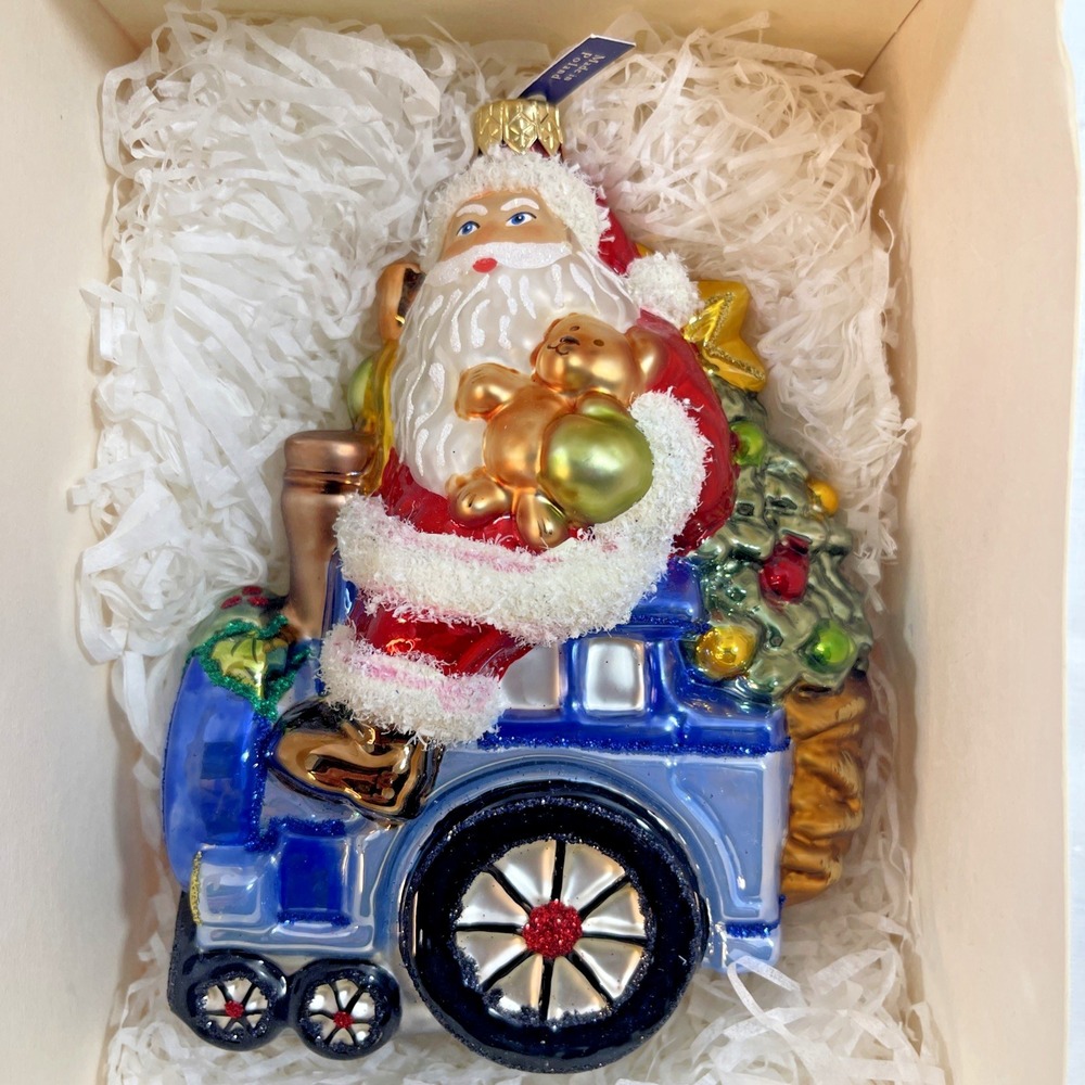 Blown Glass Santa Train Christmas Ornament 6.5"‎ - Glassware Art Studio